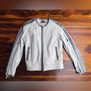 Women’s White Motorcycle Leather Jacket with internal vest, silver accents